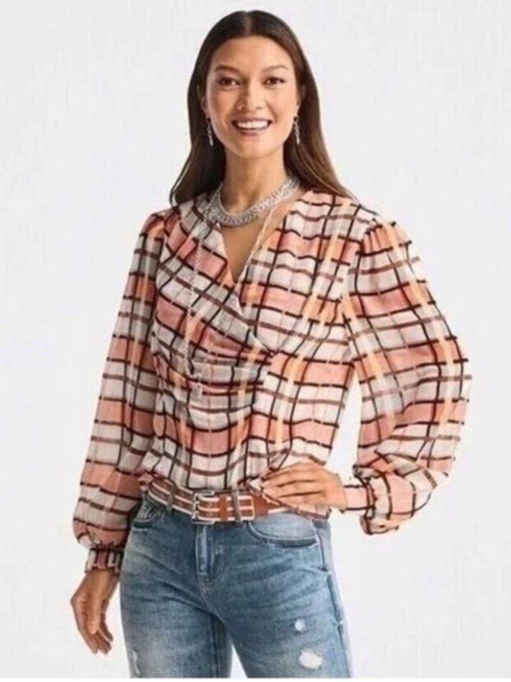 Cabi Style 6295 Whist top. Size S. Plaid Draped Neck Long-Sleeve Top in Peach